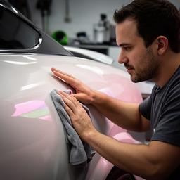 高級車のボディを整えながら塗装面を確認するディテーラー