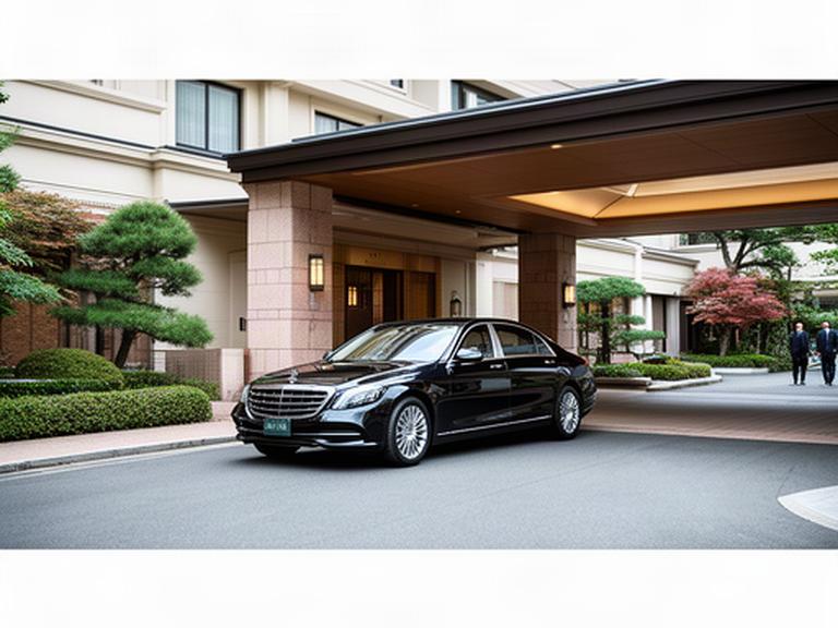 高級セダンが山梨県内のホテルエントランスに停車し送迎を待つ様子