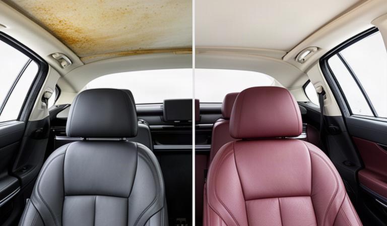 高級車の本革シートと天井を清掃する前後の比較イメージ