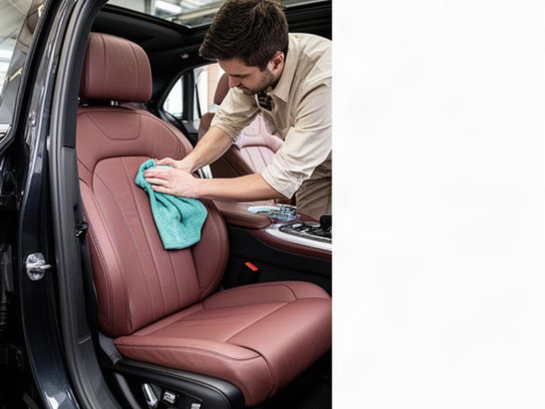 本革シートを備えた高級車の車内を専門スタッフが丁寧に清掃している様子