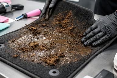 泥が付着した高級SUVのフロアマットを作業台で確認している様子